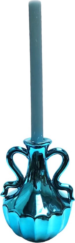 Supervintage gekleurde vaas kandelaar metallic look turquoise met bijpassende kaars - 12 x 18