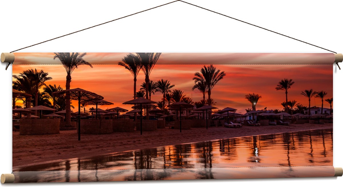 Textielposter - Strand - Zee - Zonsondergang - Parasols - Palmbomen - 90x30 cm Foto op Tex