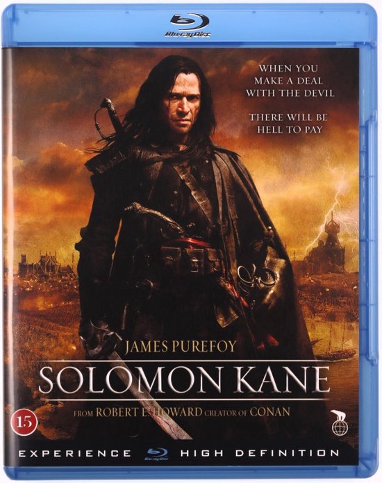 Blu-ray hoes van Solomon Kane met een man met lang haar, in donkere kledij, met een zwaard.