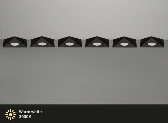 Trango Set van 6 Keukenonderkastverlichting 6740-65 mat zwart *COOK* inbouwarmatuur - inbouwspot incl. 6x 4,8 Watt LED module 3000K warm wit driehoekslicht – keukenkastverlichting 230V uitbreidbaar