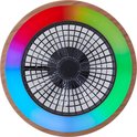 Ventilator met houten rand en veelkleurige RGB-verlichting.
