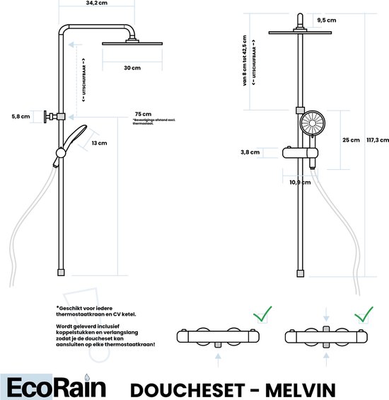 Technische tekening van doucheset Melvin met afmetingen. Beschikt over een grote douchekop en handdouche.