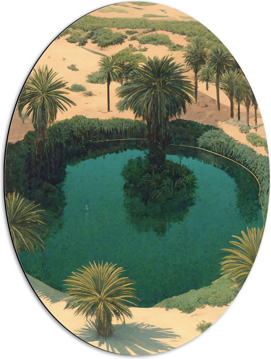 Dibond Ovaal - Schilderij - Kunst - Verven - Water - landschap - Palmbomen - Zand - 51x68 cm Foto op Ovaal (Met Ophangsysteem)