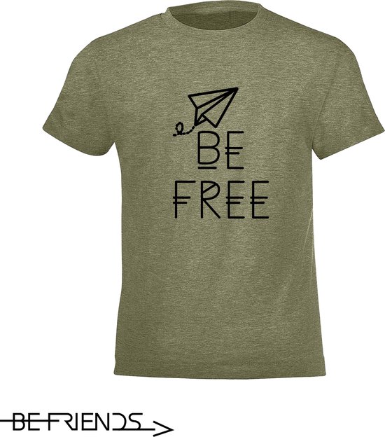 Be Friends T-Shirt - Be free - Kinderen - Kaki - Maat 10 jaar