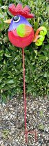 Metalen deco tuinsteker "haan" - rood + meerkleurig - hoogte 90 x 24 x 2 cm - Tuinaccessoires - Tuindecoratie – Tuinstekers