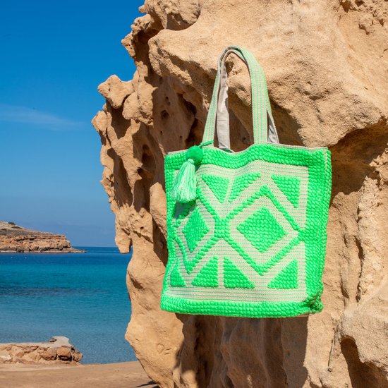 Bohemida Ibiza Bag XL - Mom bag- Adventure Green- Groen - Grote Strandtas / Weekendtas /Schoudertas - Katoen & Wol - Afsluitbaar