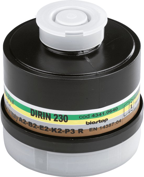 Zwart gasfilter DIRIN 230 met witte dop en groene, gele en bruine banden.