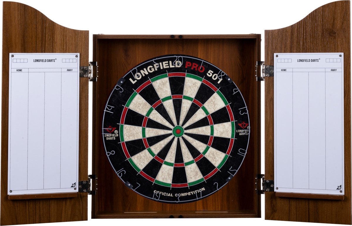 Houten Cabinet met Dartbord – Inclusief 6 Steeltip Pijlen, Whiteboard & Marker – Beschermt Muur en Dartbord – Wedstrijdbord – Bruin Hout Fineer – Longfield