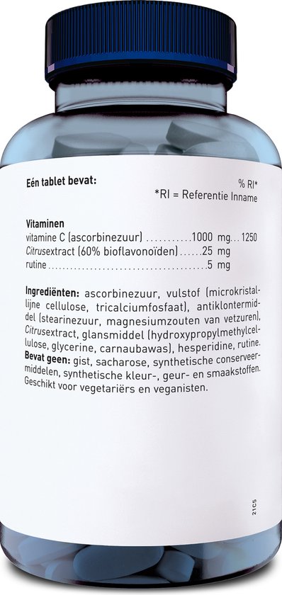 Details op de achterkant van een Orthica C-1000 pot met ingrediëntenlijst, dosering 1000mg vitamine C, en vegan logo.