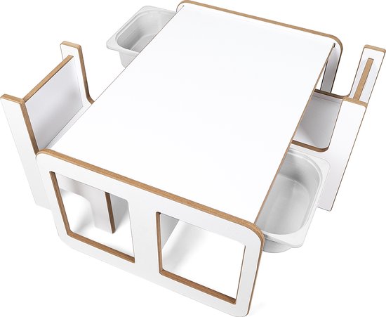 Industrial living kindertafel met 2 witte opberglades - Kinderbureau met 2 stoelen - Speeltafel - Activiteitentafel - Tekentafel - Hout - Wit