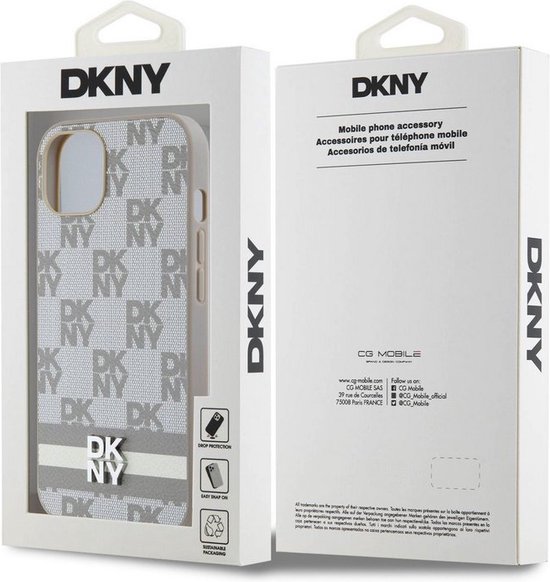 DKNY Coque arrière à rayures imprimées à carreaux - Convient pour Apple iPhone 14 (6,1") - Beige