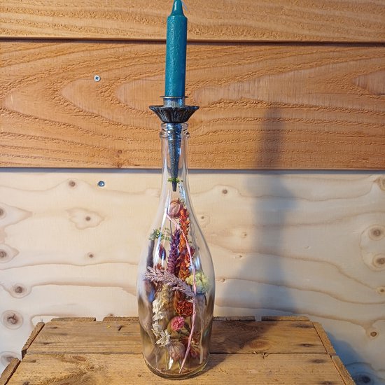 1 Kaarsenhouder met droogbloemen - droogbloemen in glas - cadeau - woondecoratie - decoratie - interieur - fleurig - kleurrijk - vintage