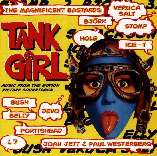 Tank Girl soundtrack cover met blauw gezicht en pilotenbril. Artiesten: Björk, Hole, Ice-T, Bush, Belly, Devo, Portishead, Joan Jett & Paul Westerberg.