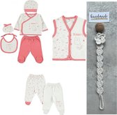 2 broekjes cadeau - 5-delige baby newborn kleding set met vestje meisjes - Fopspeenkoord cadeau - Bunny Babykleding - Newborn set - Babyshower cadeau - Kraamcadeau