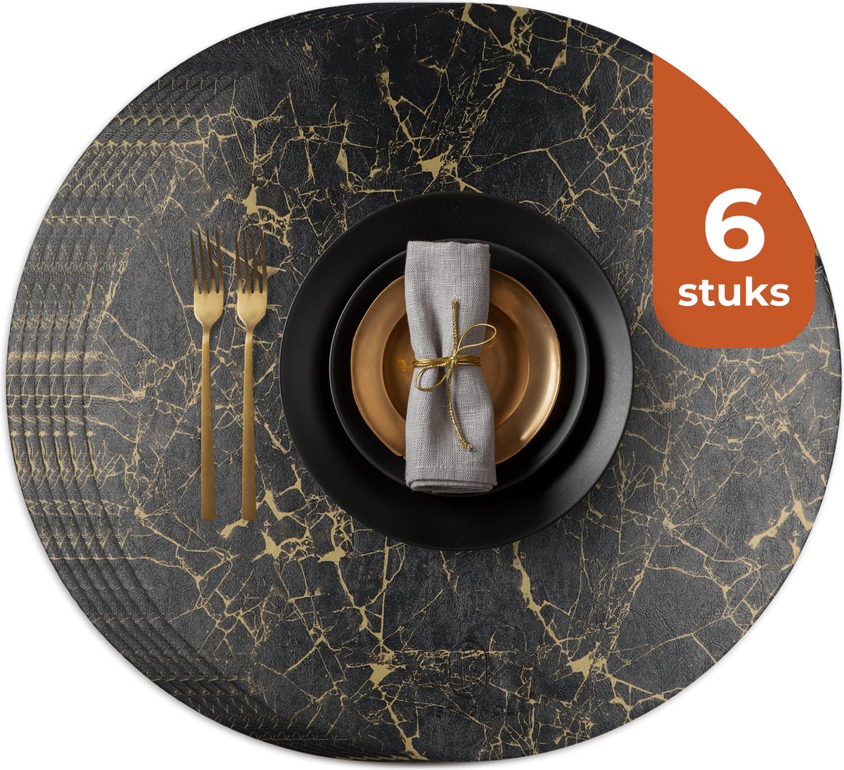 Castagnola Lederlook Placemats - Ronde Placemats - Antislip Placemat van Kunstleer - Waterafstotende Onderlegger - Onderzetter - 6 Stuks - Diameter 38 cm - Zwart/Goud