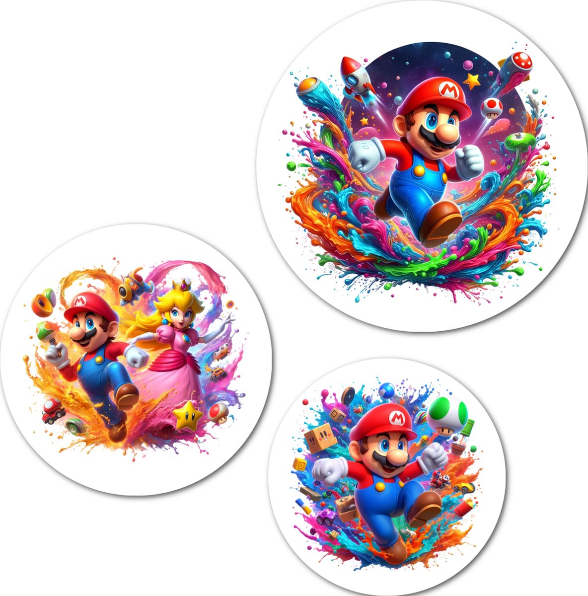 Muurcirkel / Wandcirkel Super Mario middelgroot - set van 3 muurcirkels + ophangsysteem - Decoratie kinderkamer / babykamer jongens & meisjes