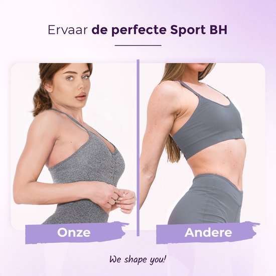 Links een model in grijze sport BH met gerimpeld detail. Rechts een vrouw in grijze sport BH en short.