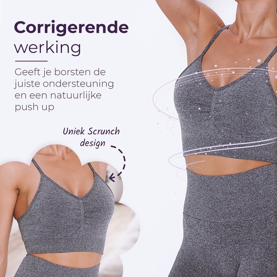 Grijze sport BH met V-hals, dunne bandjes en een gerimpeld design op de borst.