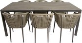 Salon de jardin AXI Resi avec 6 chaises Taupe aspect bois PSPC - Structure en aluminium thermolaqué - Chaise avec kussen kaki et cordes plates tressées en Textilène - Plateau de table PSPC
