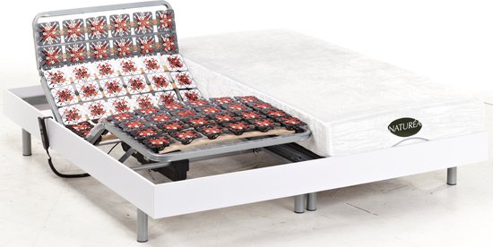 NATUREA Elektrisch bed - bedbodem en matras - met vormgeheugen en bamboe LYSIS III van DREAMEA - motoren OKIN - 2 x 100 x 200 cm - wit L 200 cm x H 35 cm x D 200 cm