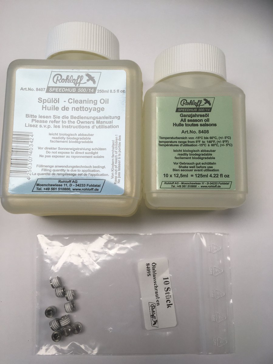 Rohloff 8409S oliewisselset voor 10 oliewissels van Rohloff naaf (250 ml spoelolie + 125 ml gansjaarolie + 10 dichtingsschroeven )