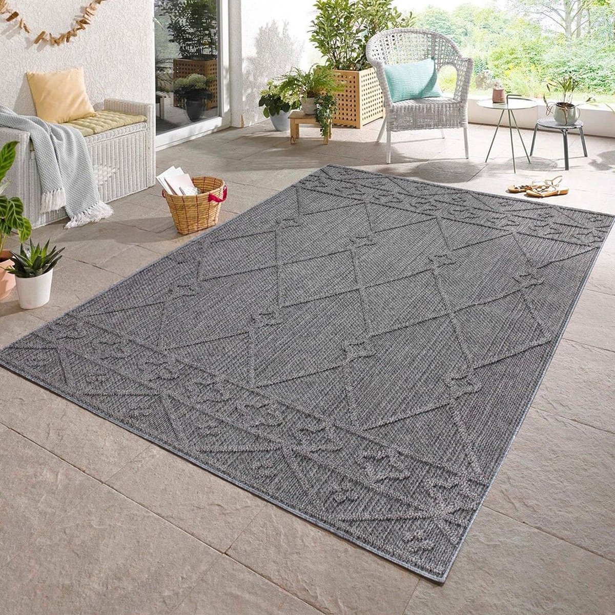 flycarpets Tenedo Vloerkleed / Buitenkleed - Binnen & Buiten - Laagpolig - Grijs - 140x200 cm