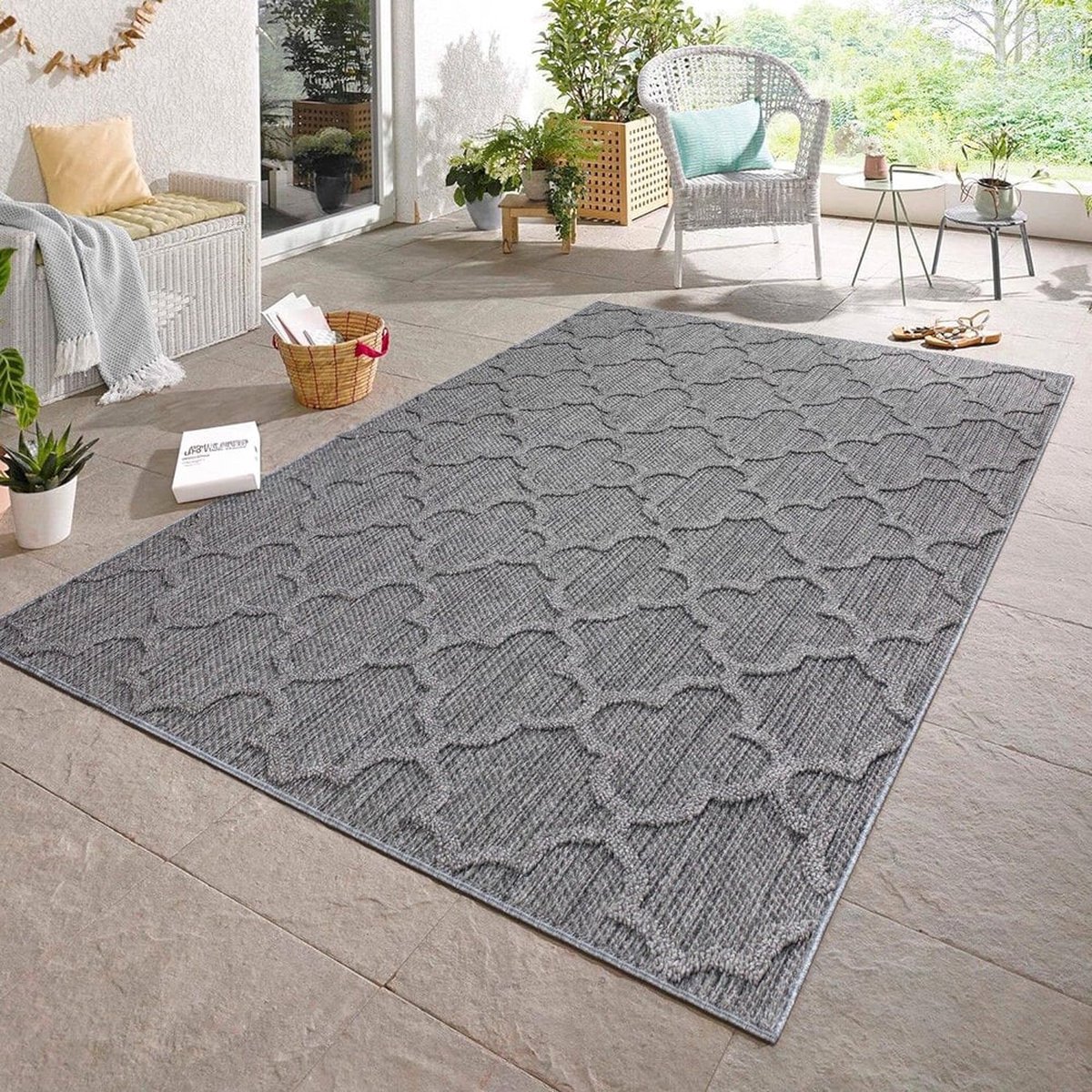 Flycarpets Tenedo Vloerkleed / Buitenkleed - Binnen & Buiten - Grijs - Laagpolig - Berber Motief - 200x290 cm