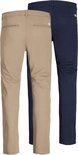 Twee chino broeken, één beige en één marineblauw, van achteren gezien.