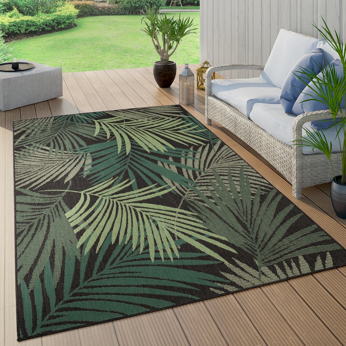 Paco Home Buiten Vloerkleed Voor Buiten Balkon Palm Jungle Patroon Bloemen Boho Groen 80x150 cm