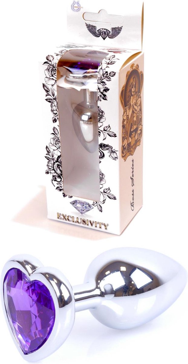 Goedkoopste Bossoftoys - 64-00052 - Heart design silver Plug - Silver - Anal - Heart - Purple - length 7 cm - dia 2,7 cm - window colour box