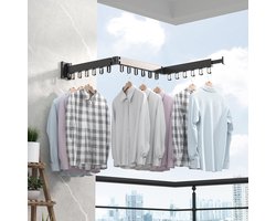 Droogrek, inschuifbaar, met 18 haken, wandgemonteerde kledingstandaard, ruimtebesparend, inklapbaar, kledingstang met handdoekhouder voor balkon, wasruimte, slaapkamer - Zwart