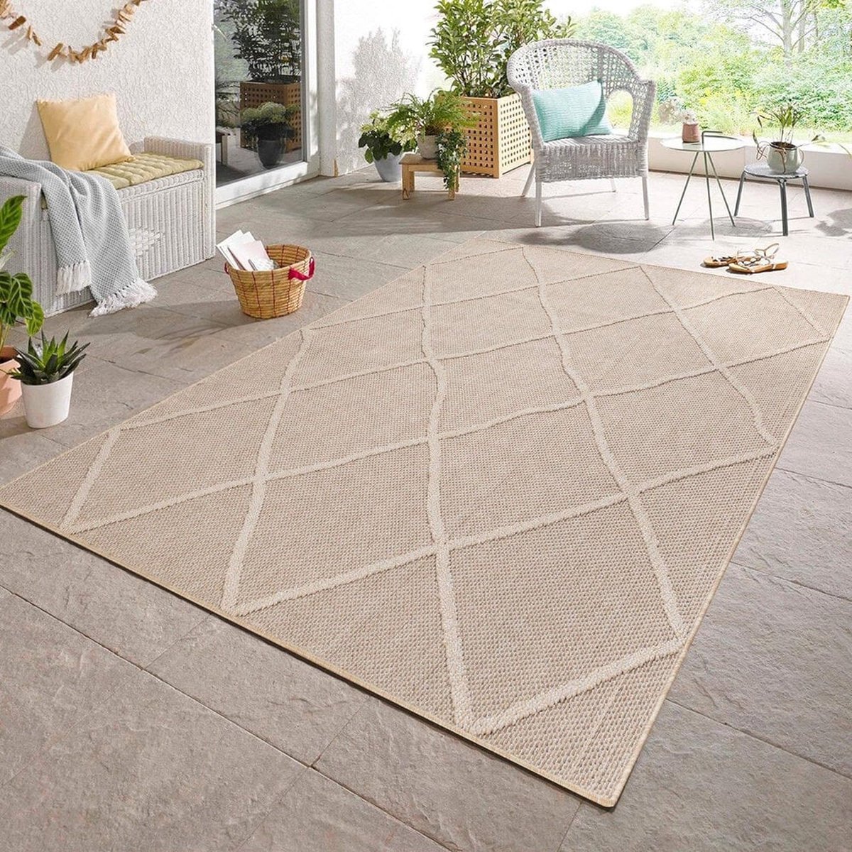 Flycarpets Tenedo Beige Buitenkleed - Vloerkleed, Laagpolig Tuinkleed / Tuintapijt / Buitentapijt - 160x230 cm