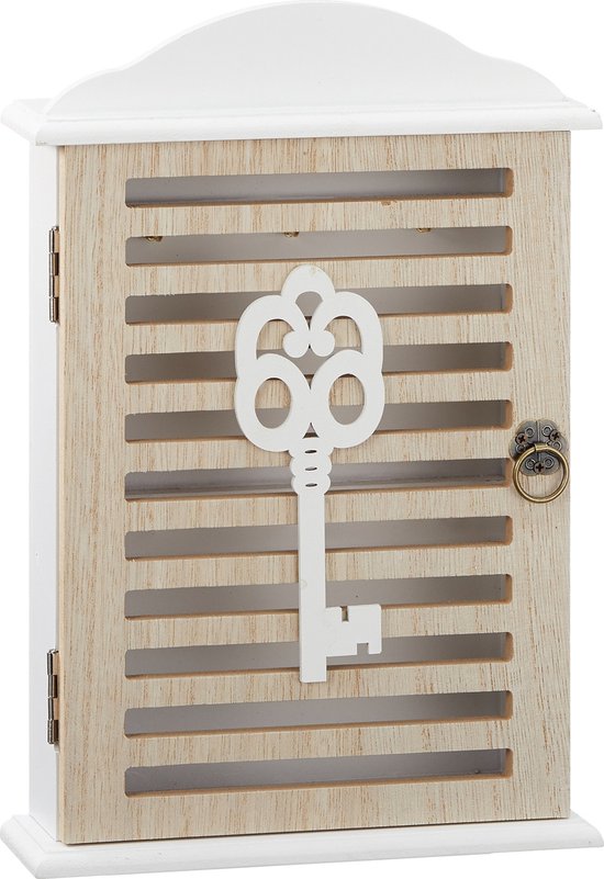 Cepewa Sleutelkastje van hout - Beige/wit - 20 x 6 x 28 cm - voor 6 sleutels