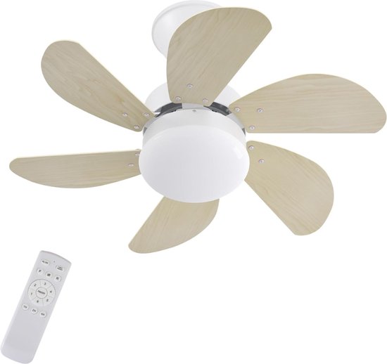 Plafondventilator met verlichting en afstandsbediening, 6 snelheden, timer, stil, zomer en winter, E27 fitting, hout