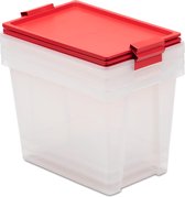 Set van 3 opbergdozen, inhoud 15L, met handvatten, deksels gemaakt van 100 procent gerecyclede materialen, transparant, BPA-vrij, rood
