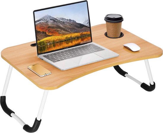 Bureau Pliable Pour Lit Avec Port USB, Lumière & Ventilateur - Réglable En Hauteur Et Angle, Blanc