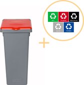 Plafor Fit Bin Prullenbak met Deksel voor Afvalscheiding - 20L – Grijs/Rood- Inclusief 5-delige Stickerset - Afvalbak voor gemakkelijk Afval Scheiden en Recycling - Afvalemmer - Vuilnisbak voor Huishouden, Keuken en Kantoor - Afvalbakken - Recyclen
