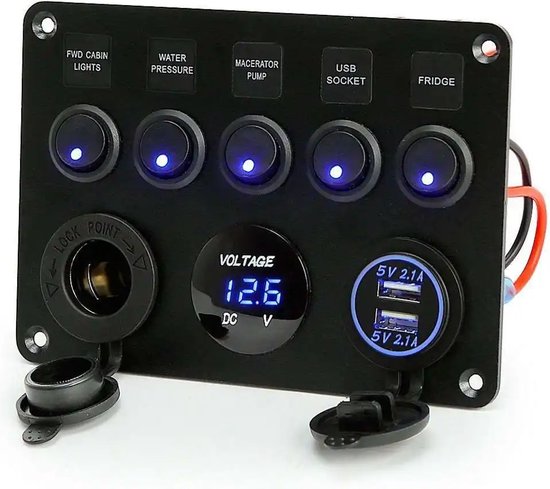 Foto: 12v schakelpaneel voor boot camper auto 5 schakelaars met ledindicatie en zekeringen 12 v sigaretten aansteker aansluiting voltmeter dubbele usb aansluiting 