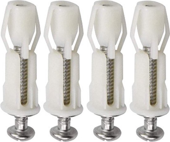 Vier witte toiletbril scharnieren met metalen schroeven, voor toiletbrilinstallatie.