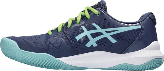 Binnenzijde van marineblauwe ASICS Gel-Challenger Padel schoen met lichtblauwe details en witte tussenzool.