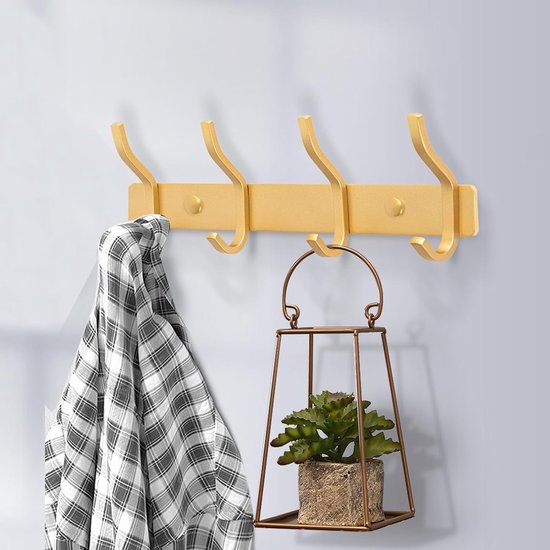 Wandgarderobe, garderobehaken van roestvrij staal, modern, voor slaapkamer, entree, keuken, badkamer (4 haken, goud)