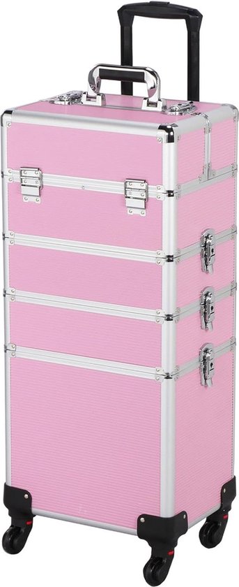 Kapperskoffer, trolley, aluminium cosmeticakoffer, 4-in-1, make-upkoffer met 4 wielen, roze make-up kapperskoffer HMTM-BC-30024