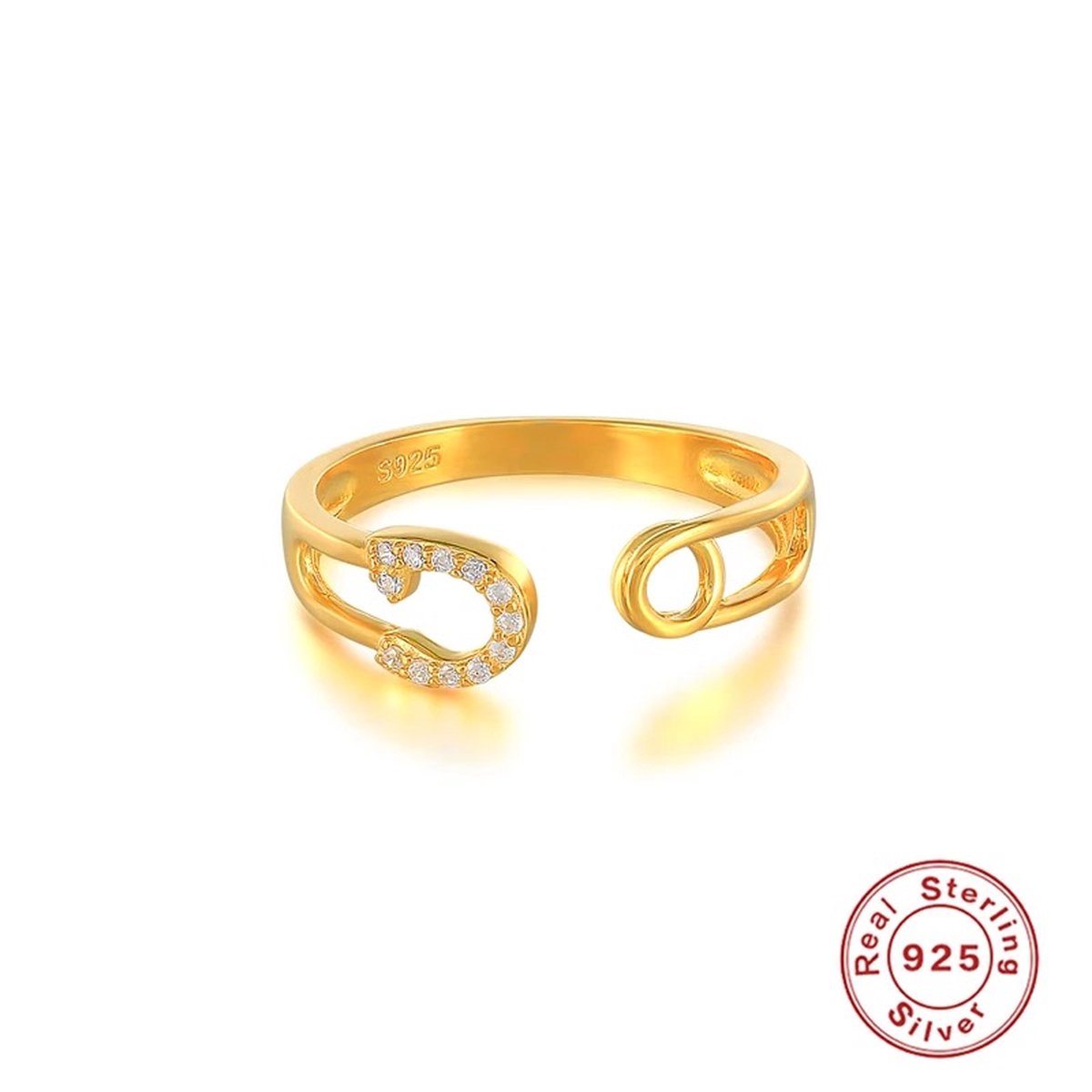 Soraro Verstelbare Zirkonia Veiligheidsspeld Ring | 925 Zilver | 18K Goldplated | Dames Ring | Zirkonia Steen | Klemring | Vrouwen Cadeau | Moederdag | Moederdag cadeau