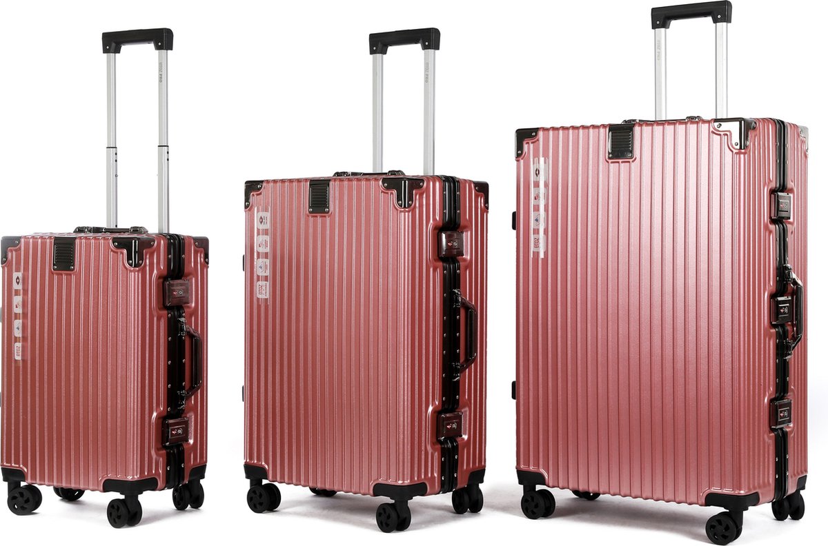 A To Z Traveller Safralu - Kofferset 3-delig - Luxe Aluminium - Roze - TSA Slot