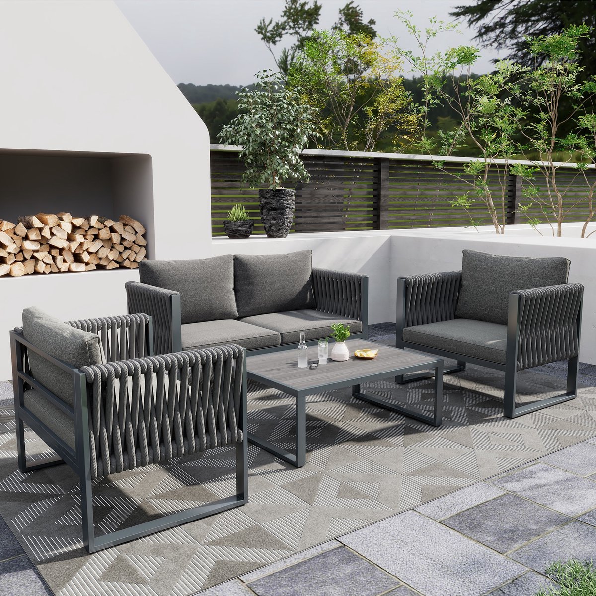 Sweiko Tuin Lounge Set met gegalvaniseerd ijzeren frame, Touw tuinmeubilair set, Dikke touw lounge set met zitkussens, Verstelbare voeten, 4-delige set, Alle kussens inbegrepen, Met WPC tafel