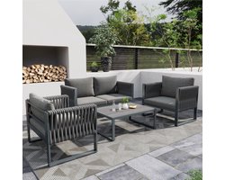 Sweiko Tuin Lounge Set met gegalvaniseerd ijzeren frame, Touw tuinmeubilair set, Dikke touw lounge set met zitkussens, Verstelbare voeten, 4-delige set, Alle kussens inbegrepen, Met WPC tafel