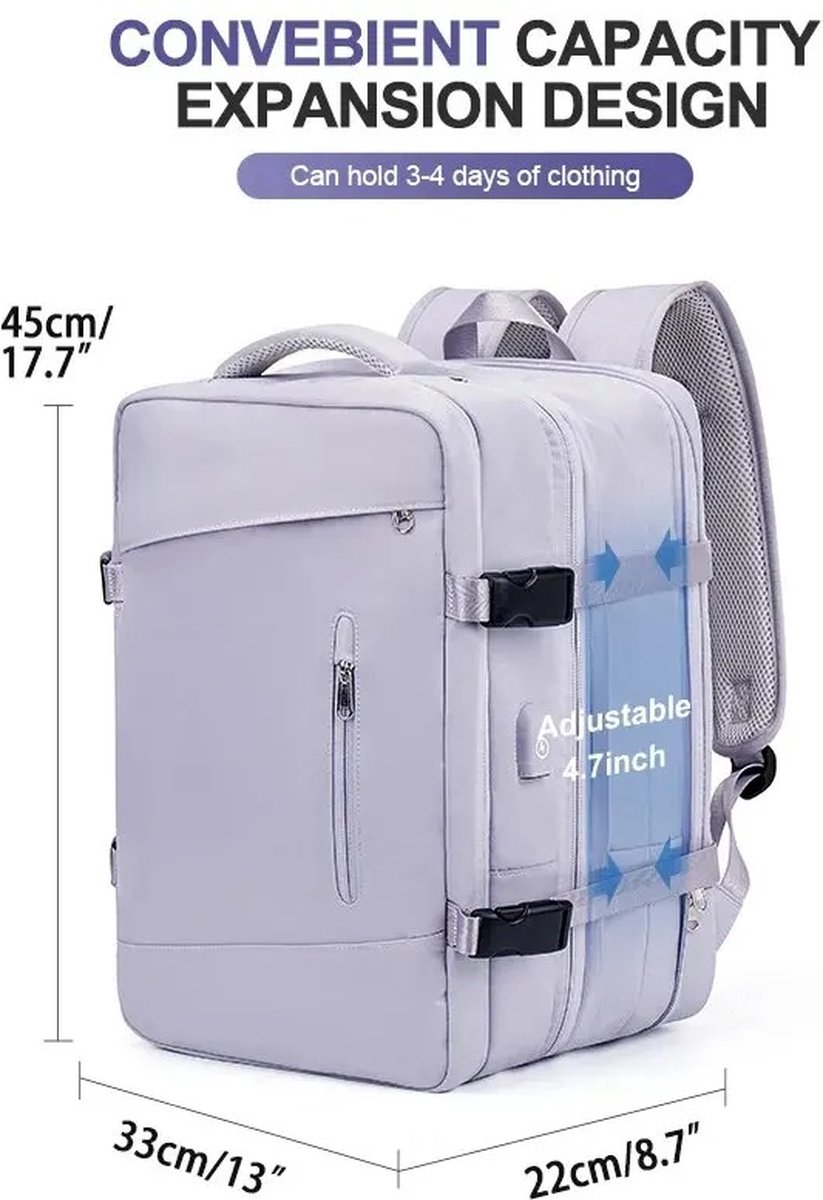 KOSMOS - Reistas - Rugzak - Handbagage - USB poort - Backpack - Waterafstotend - 55L - Paars