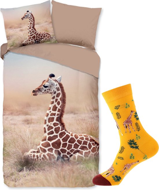 Dekbedovertrek Giraffe - 1 persoons - 140-200/220 cm - 100% katoen - inclusief 1 paar sokken - maat 38-45