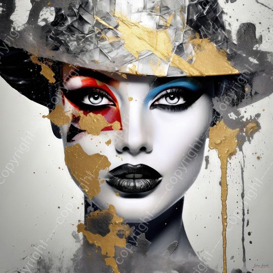 JJ-Art (Canvas) 100x100 | Vrouw met hoed in zilver, goud, rood, blauw, kunst | portret, mens, vierkant, modern | Foto-Schilderij canvas print (wanddecoratie)