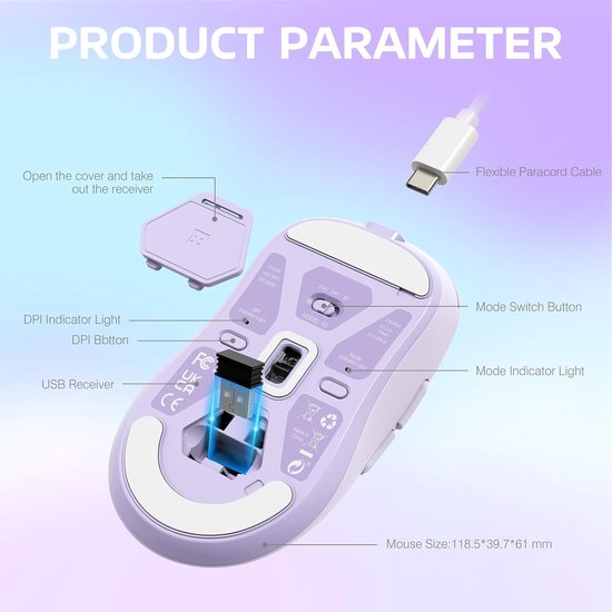Onderkant van een lichtpaarse gamingmuis met de USB-ontvanger aangesloten, met productinformatie en afmetingen.